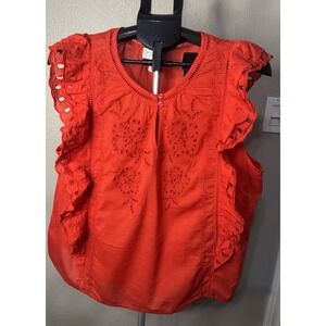 Calypso St Barth Red Embroidered Cotton Top Women XL Boho Eyelet Ruffle Blouse